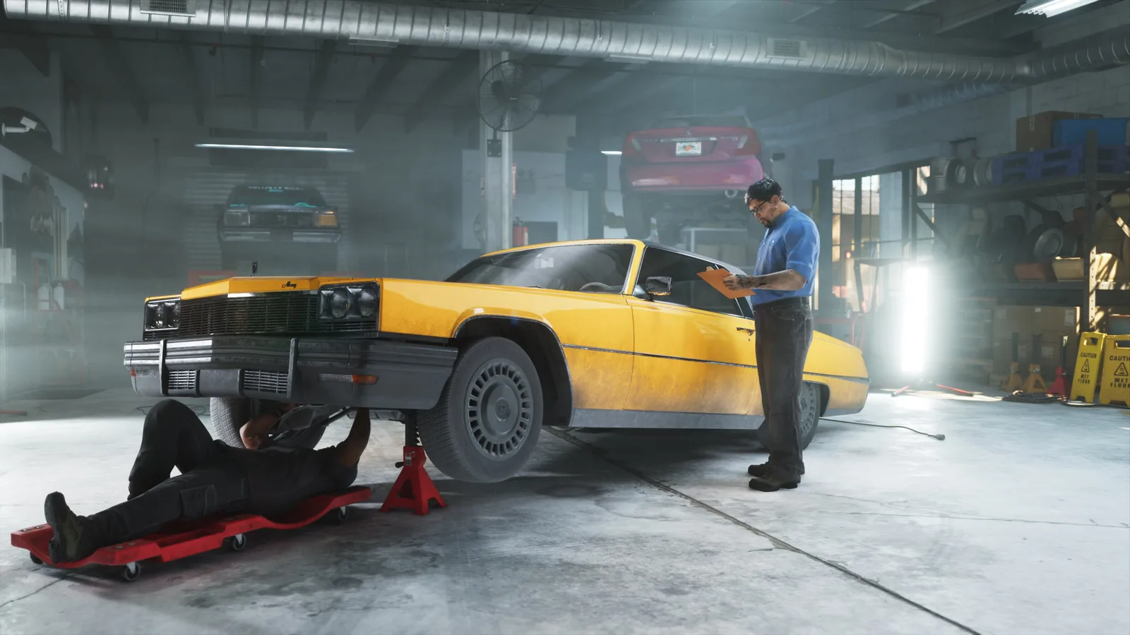 Two mechanics working on a yellow classic car raised on jack stands inside Rideout Customs, a car modification shop in GTA 6