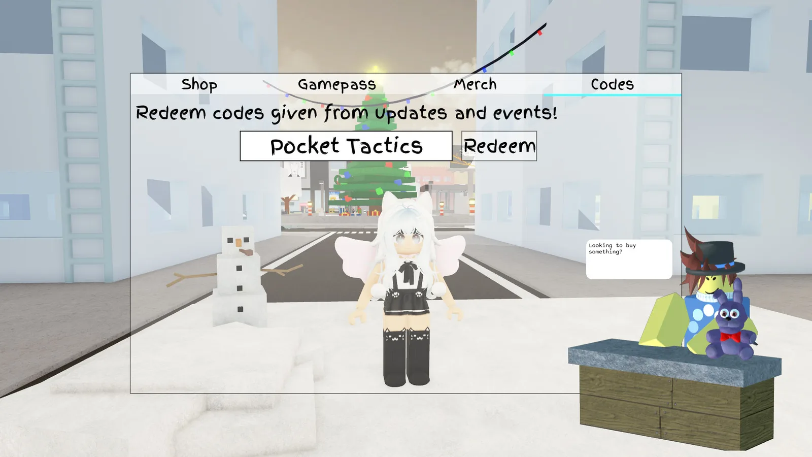 In-game screenshot of Jujutsu Shenanigans' Shop menu open to the Codes tab with the text Pocket Tactics typed into the code box next to a Redeem button
