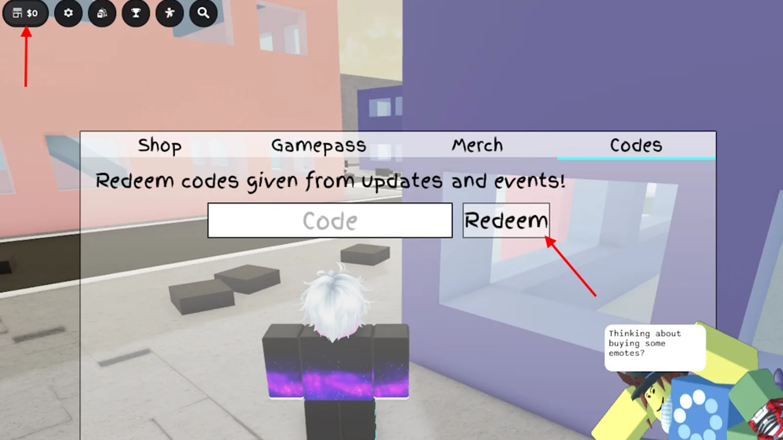 In-game screenshot of Jujutsu Shenanigans' Shop menu open to the Codes tab, with an empty code box beside a Redeem button and red arrows highlighting the shop icon and the Redeem button