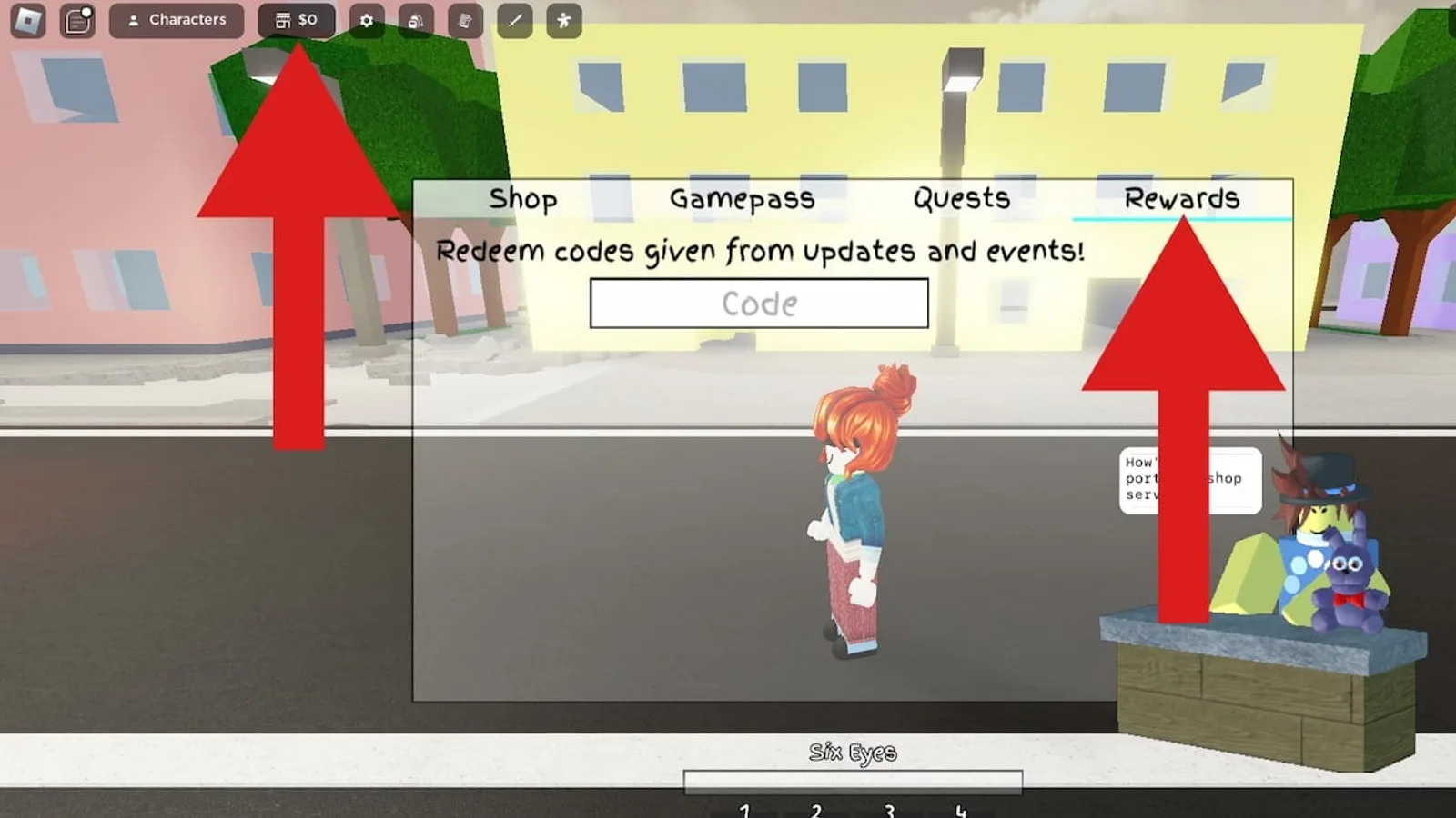 In-game screenshot of Jujutsu Shenanigans' Shop menu open to a tab labeled Rewards rather than Codes, with red arrows pointing to the shop icon and the Rewards tab