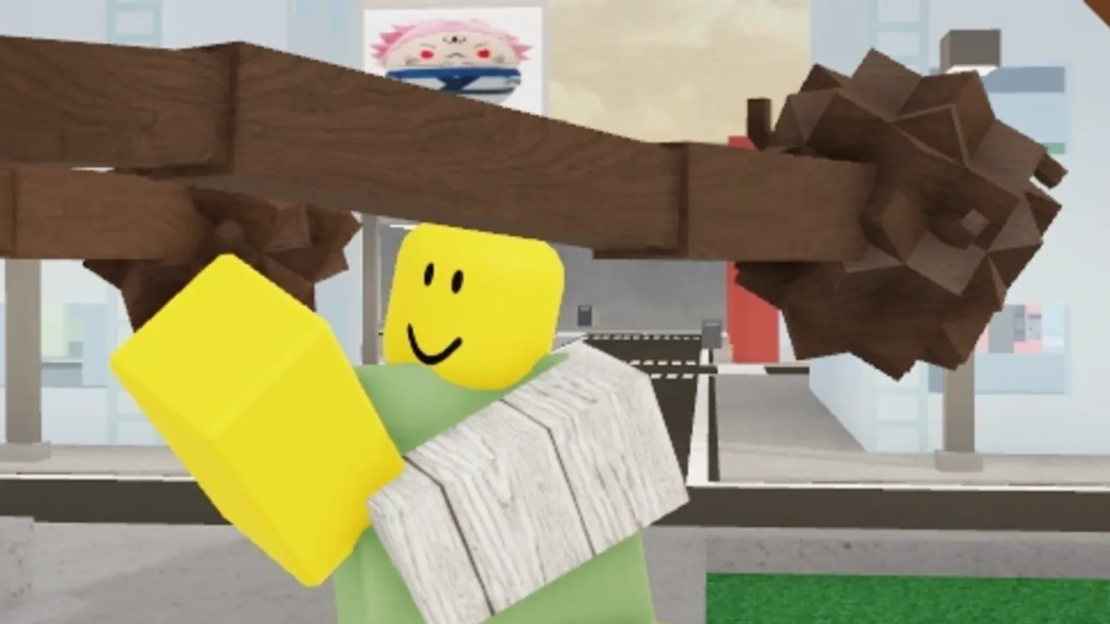 In-game screenshot of the Disaster Plants character holding a wooden root weapon in Jujutsu Shenanigans