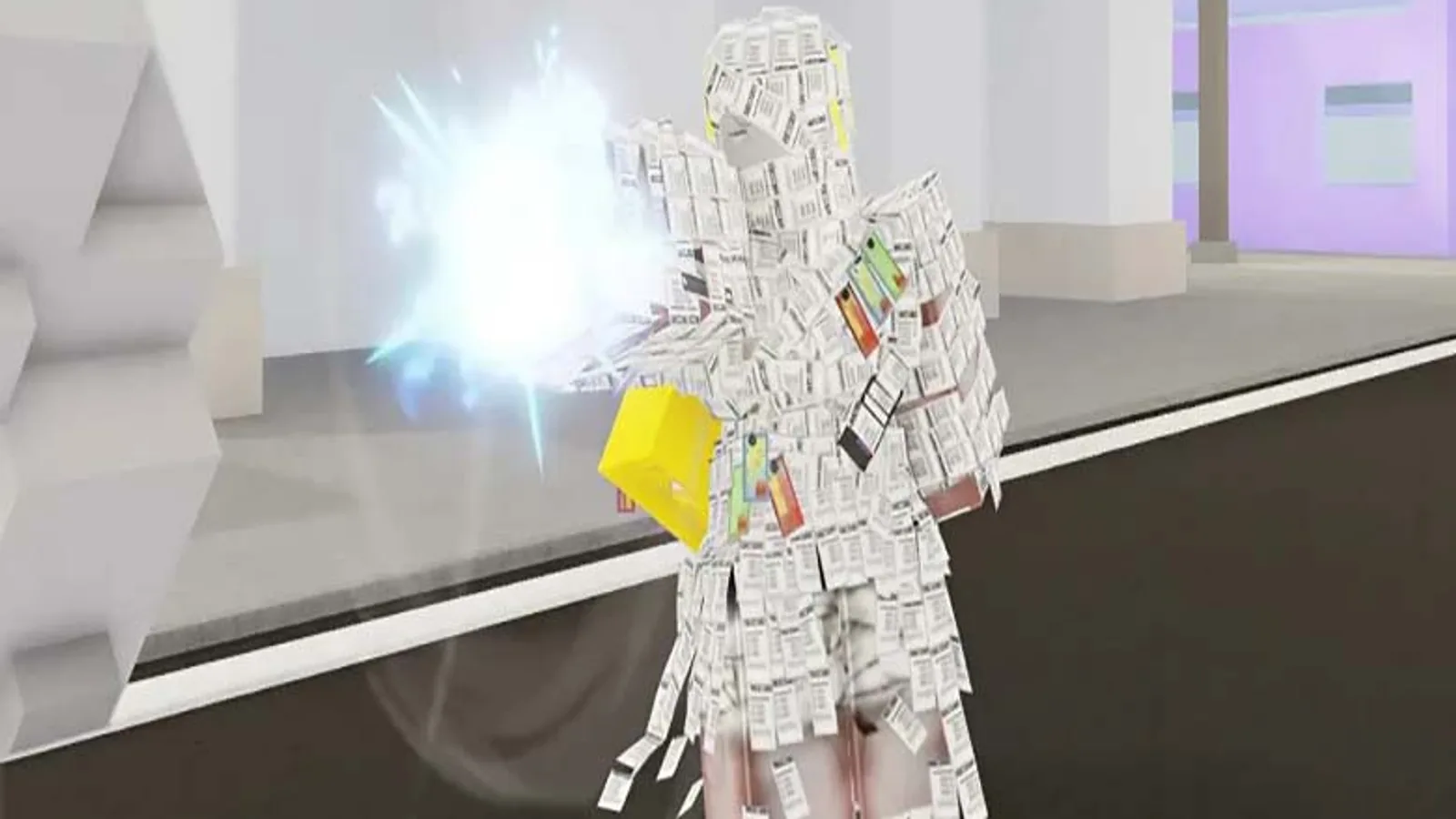 In-game screenshot of the Register character, covered in paper and receipts, using an ability that fires a bright burst of light in Jujutsu Shenanigans