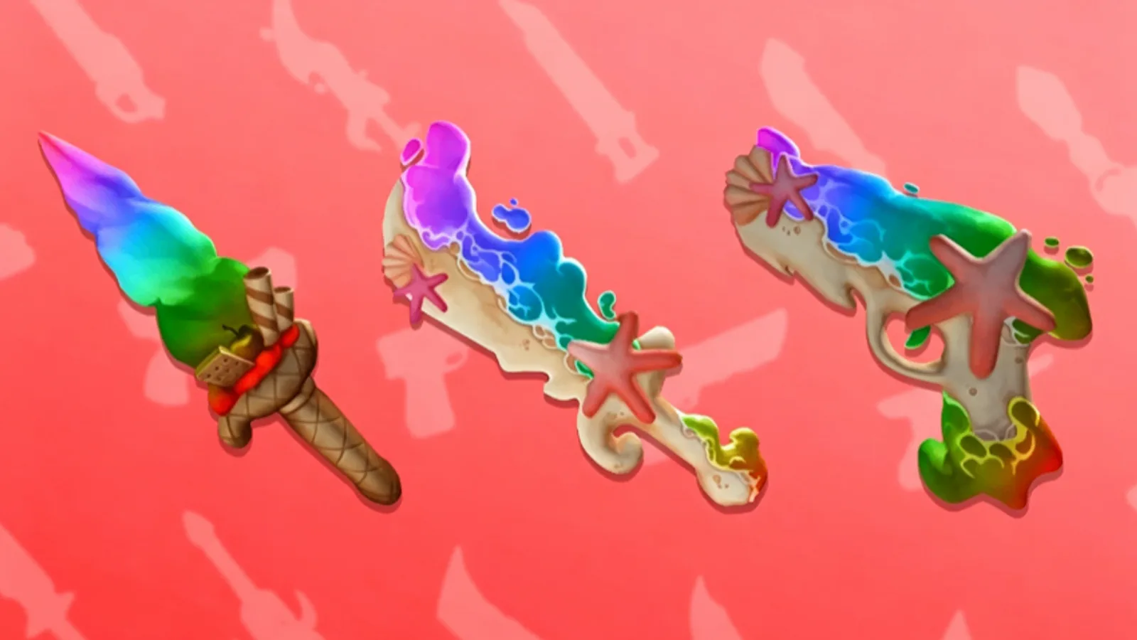 Three Chroma tier weapon skins from Murder Mystery 2, an ice cream cone knife and two seashell patterned weapons, against a pink background