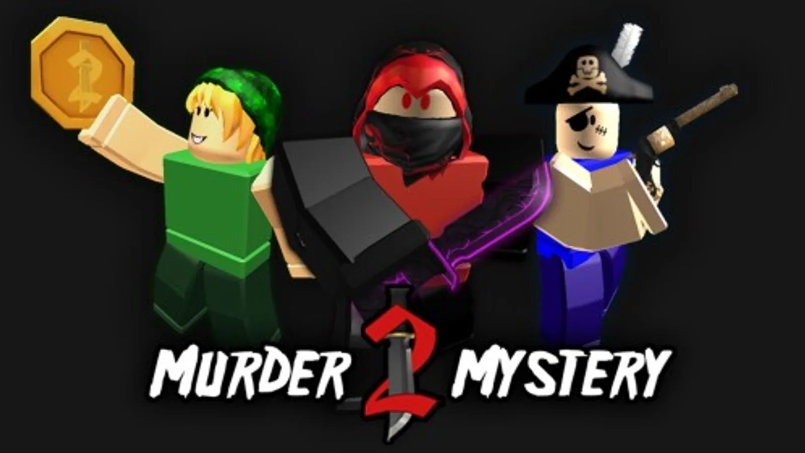 Official Murder Mystery 2 thumbnail showing three Roblox characters, a sheriff, murderer and innocent, around the game's logo
