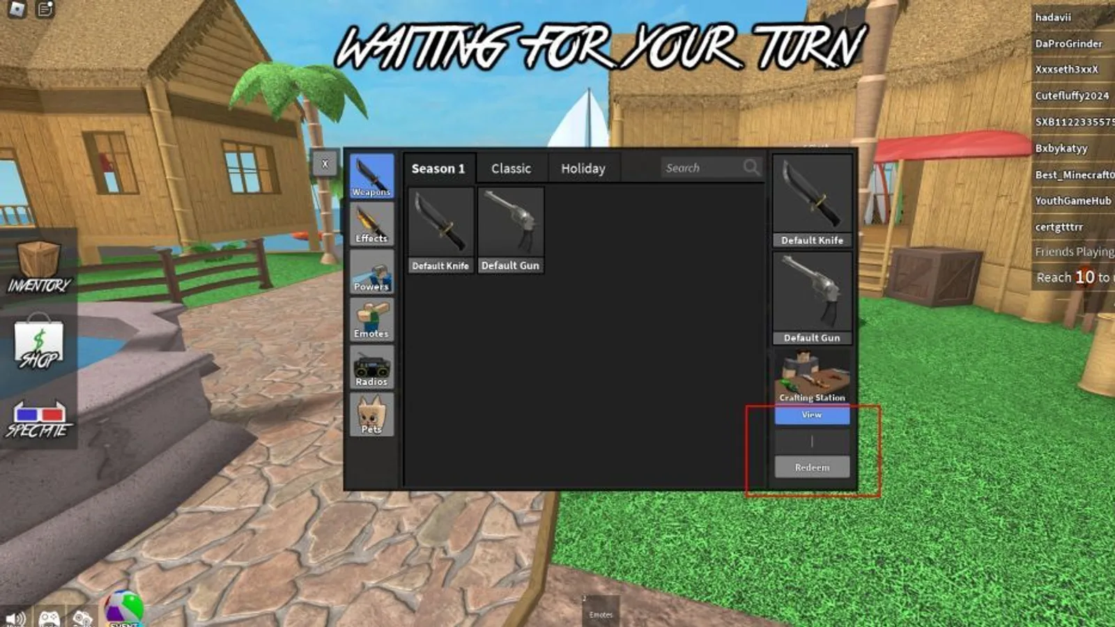 Murder Mystery 2 gameplay showing the Inventory menu open with an empty code entry box outlined in red, next to the Redeem button