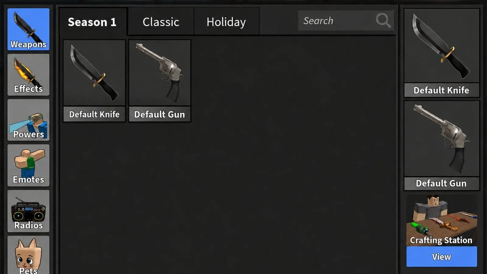 The Weapons tab of Murder Mystery 2's inventory menu, showing the Default Knife and Default Gun next to a Crafting Station panel