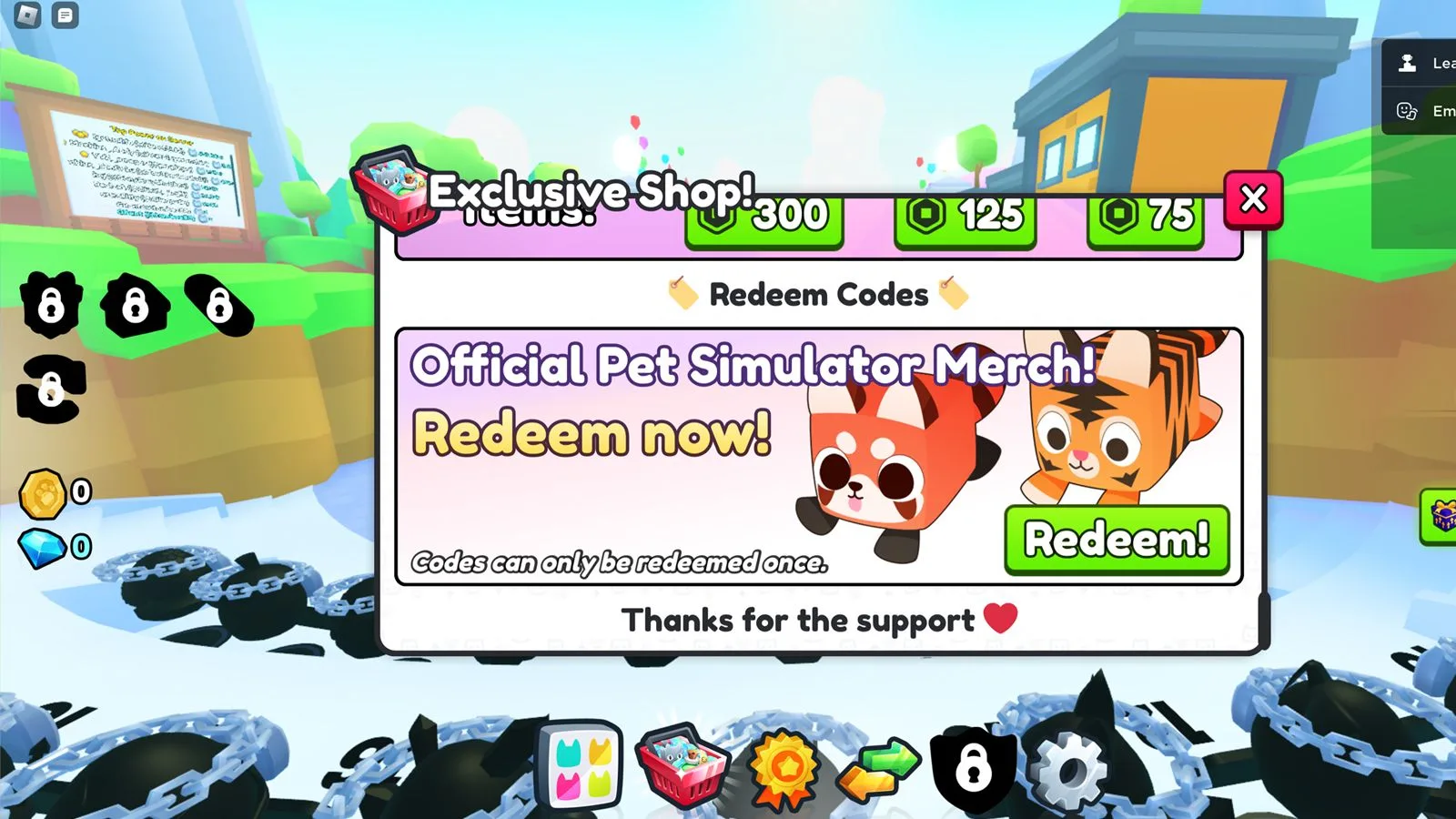 In-game Pet Simulator 99 Exclusive Shop screen reading Official Pet Simulator Merch, Redeem now, next to a red panda and tiger pet