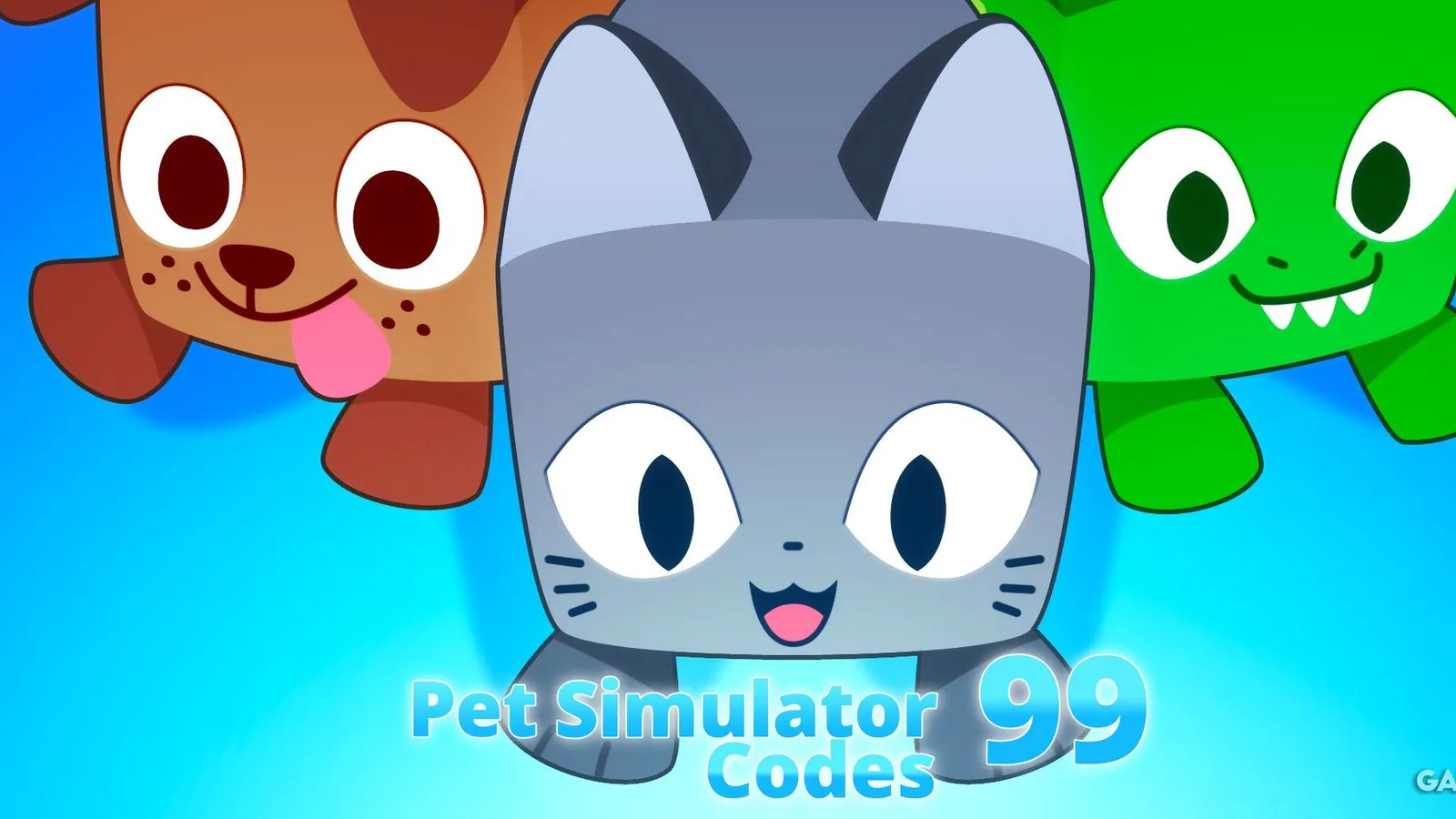Illustrated Pet Simulator 99 key art of three cartoon pet mascots, a dog, a cat and a dragon, behind the words Pet Simulator 99 Codes