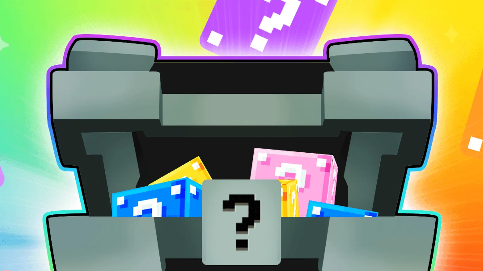 Official Pet Simulator 99 icon art of a treasure chest full of colorful question mark blocks, for the Lucky Block Blitz update