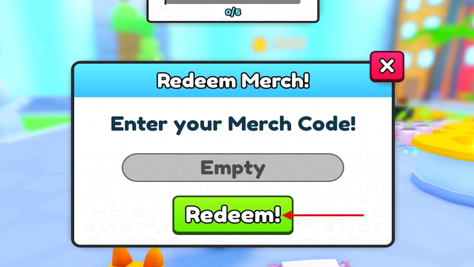 In-game Pet Simulator 99 popup titled Redeem Merch, Enter your Merch Code, with an empty code field and a Redeem button