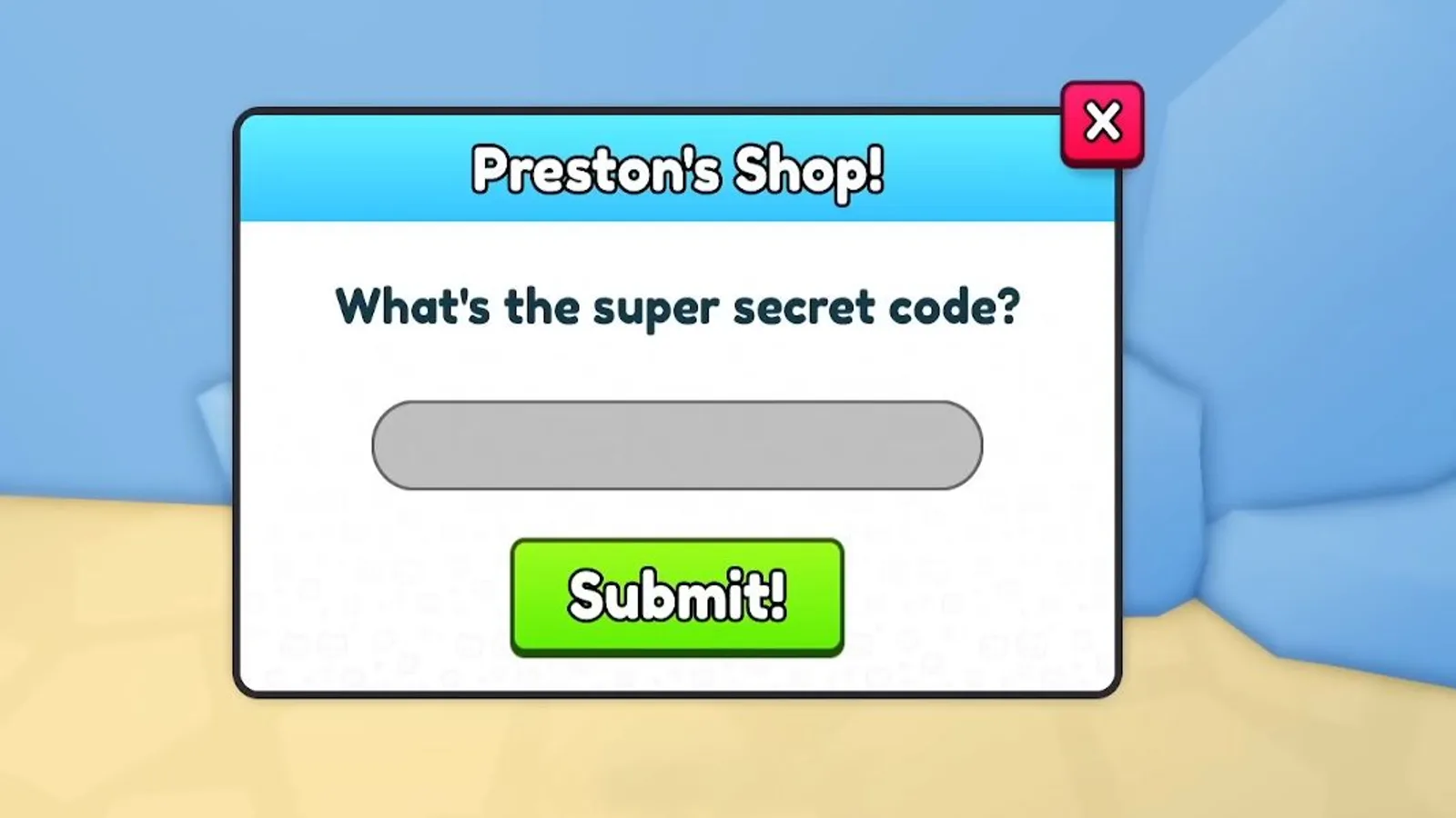 In-game Preston's Shop popup in Pet Simulator 99 asking What's the super secret code, with an empty text field and a Submit button