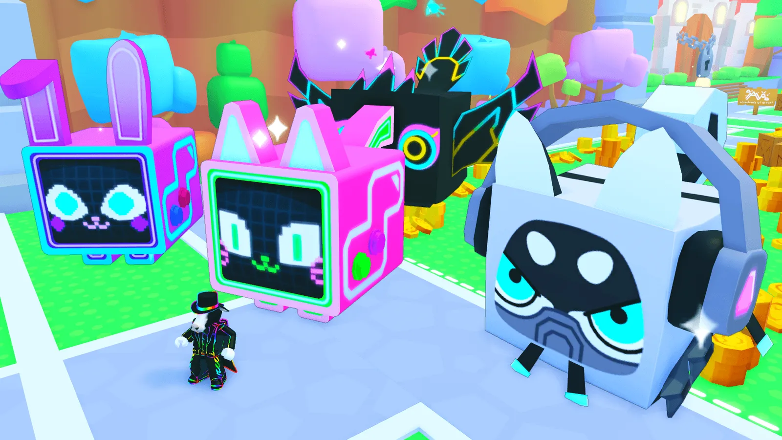 Official Pet Simulator 99 screenshot of a player character surrounded by several Titanic-rarity Arcade Pets