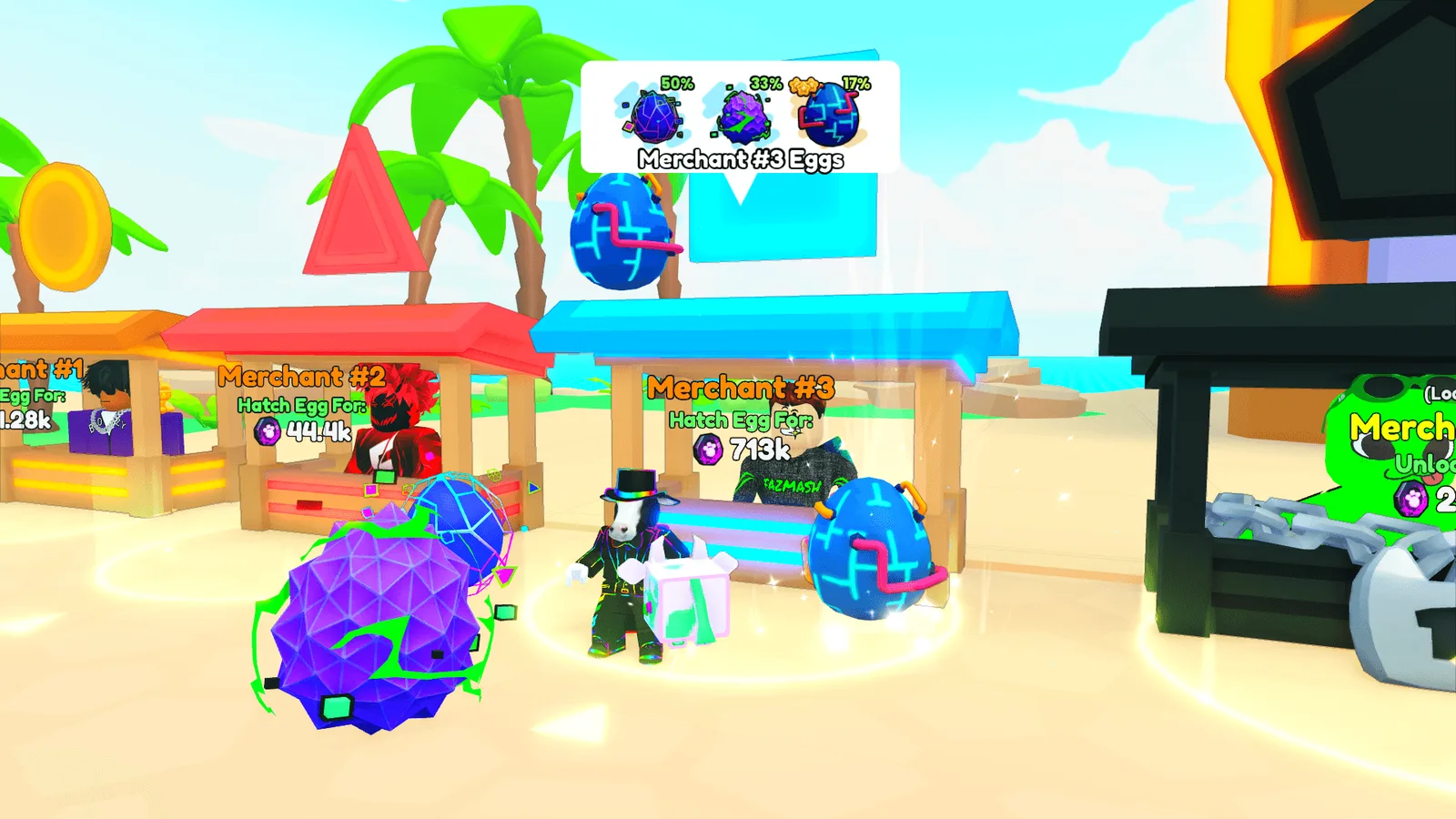 Official Pet Simulator 99 screenshot of Egg Merchant stalls on the beach, showing egg hatch odds and prices in Arcade Coins