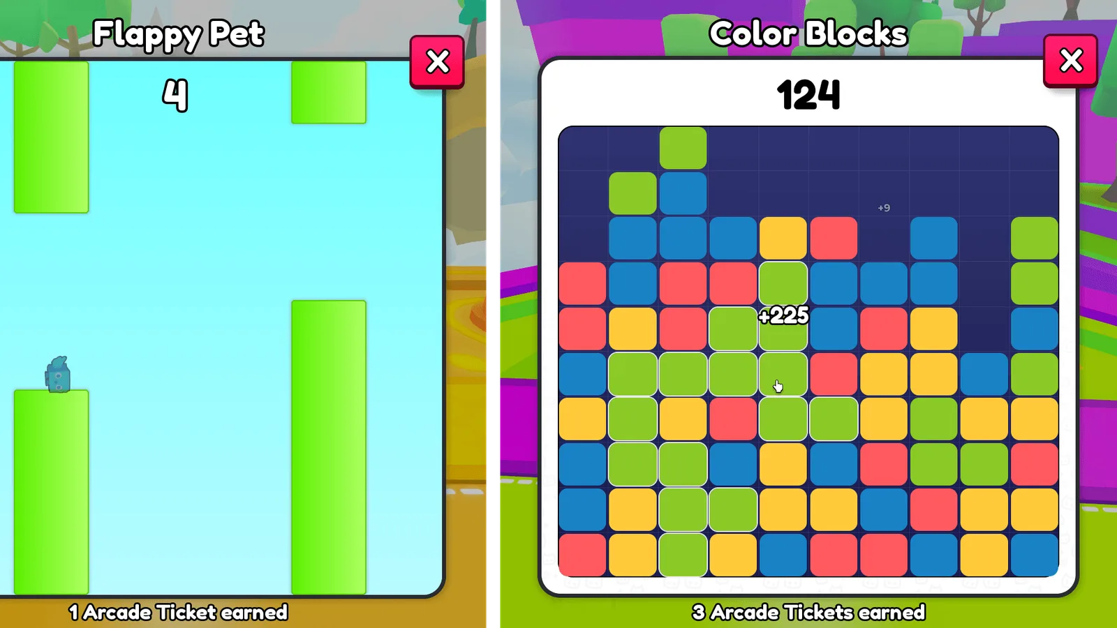 Official split-screen Pet Simulator 99 screenshot of the Flappy Pet and Color Blocks minigames in the Coin Arcade update