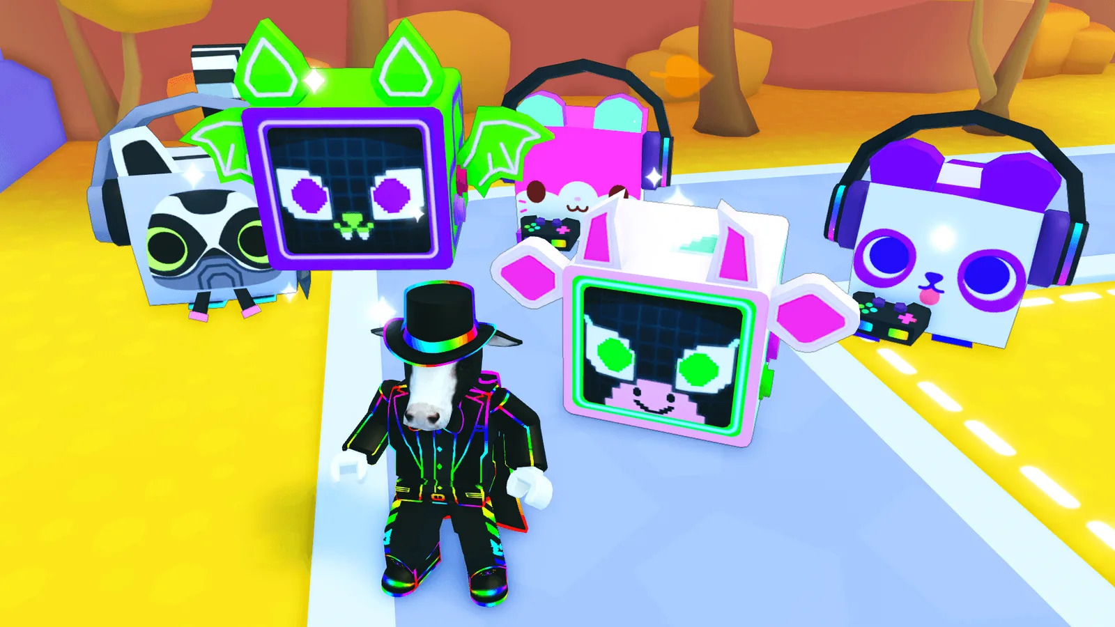 Official Pet Simulator 99 screenshot of a player character surrounded by several Huge-rarity Arcade Pets