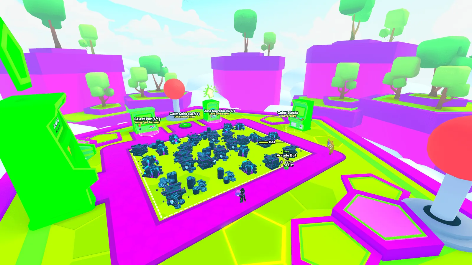 Official Pet Simulator 99 screenshot of an Arcade zone with a pet stationed inside to earn Arcade Coins, showing the Select Pet and Claim Coins prompts