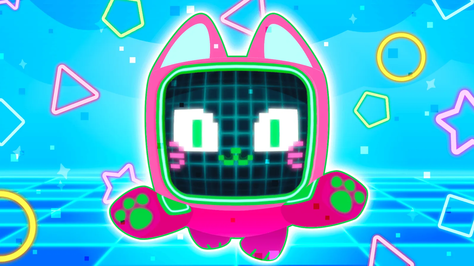 Official Pet Simulator 99 artwork of an Arcade Pet, a TV-headed cat-like pet with a neon grid screen face, for the Coin Arcade update
