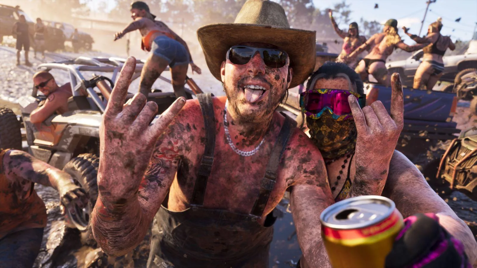 Bikers celebrating at a muddy outdoor gathering in Ambrosia in Grand Theft Auto VI
