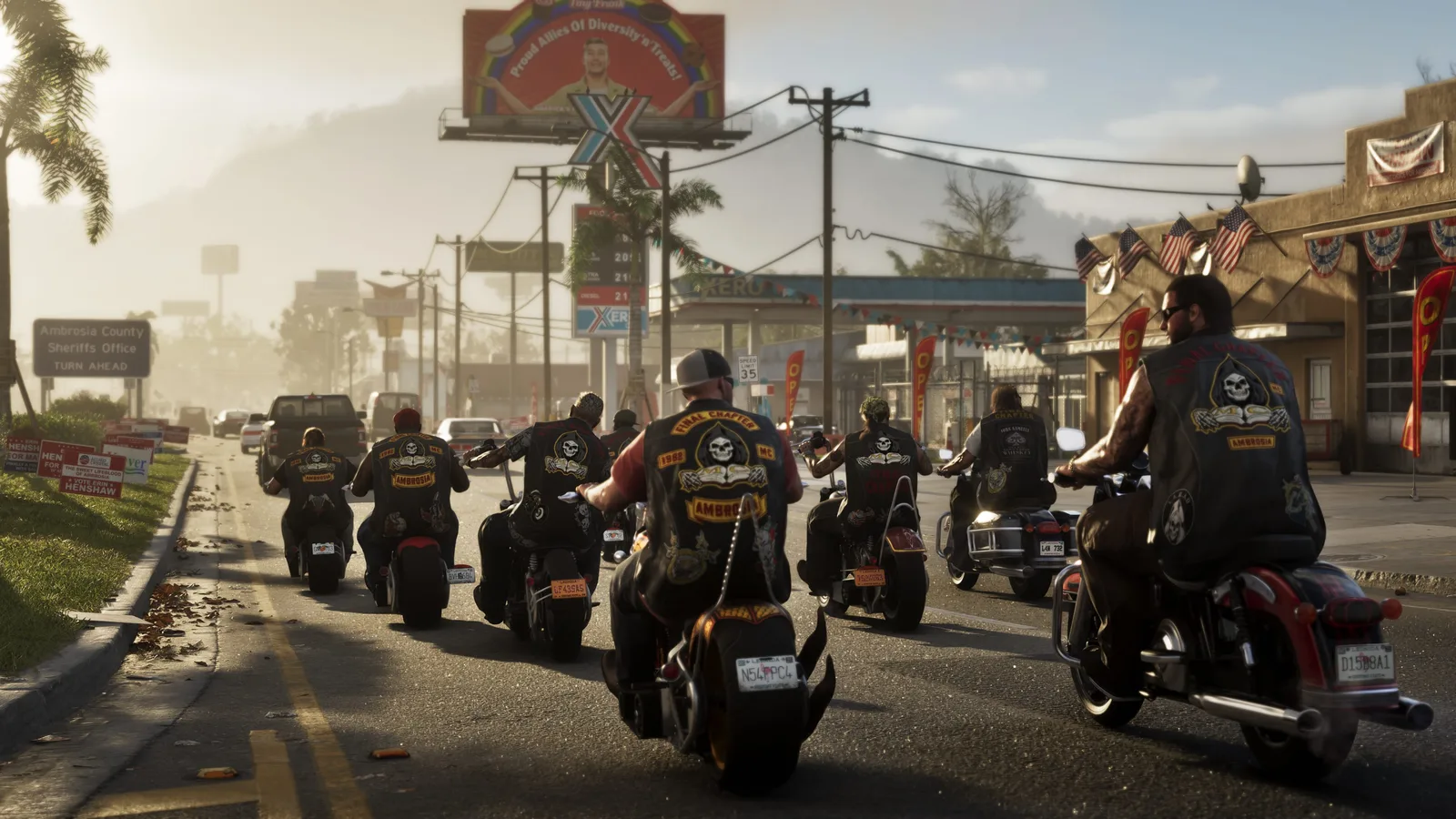 Final Chapter motorcycle club members riding past the Ambrosia County Sheriff's Office sign in Grand Theft Auto VI