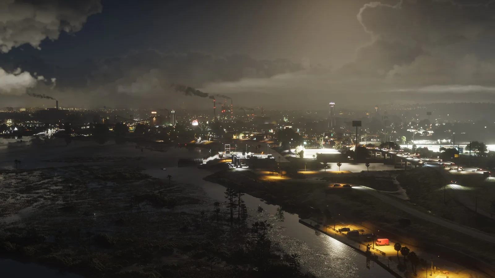 Aerial night view of Ambrosia's industrial waterfront in Grand Theft Auto VI