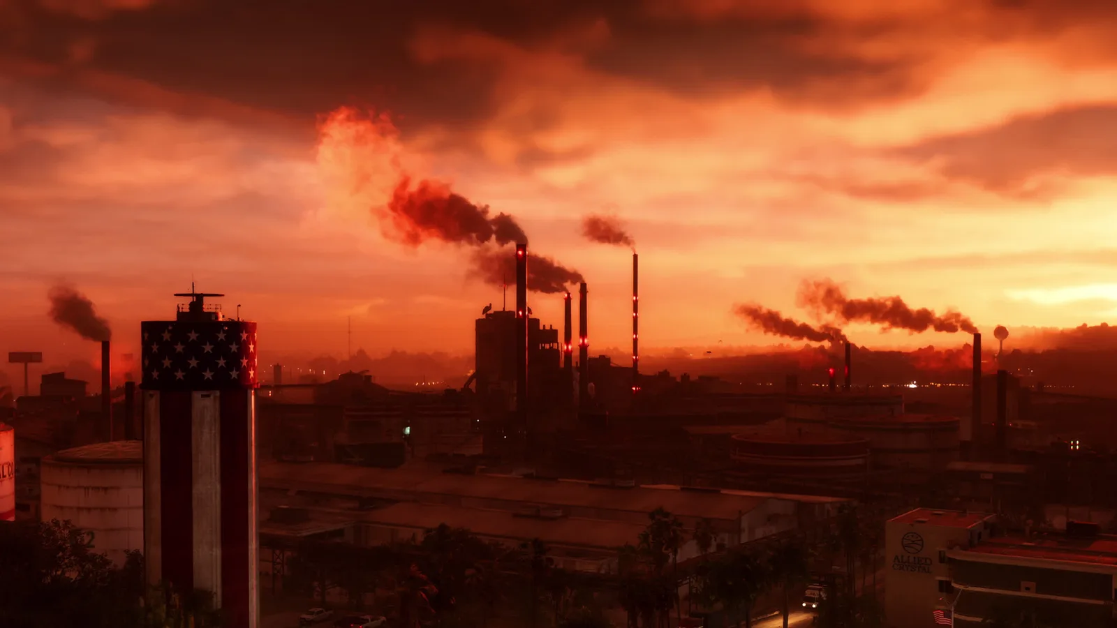 Official Rockstar screenshot of the Allied Crystal sugar refinery in Ambrosia at sunset in Grand Theft Auto VI