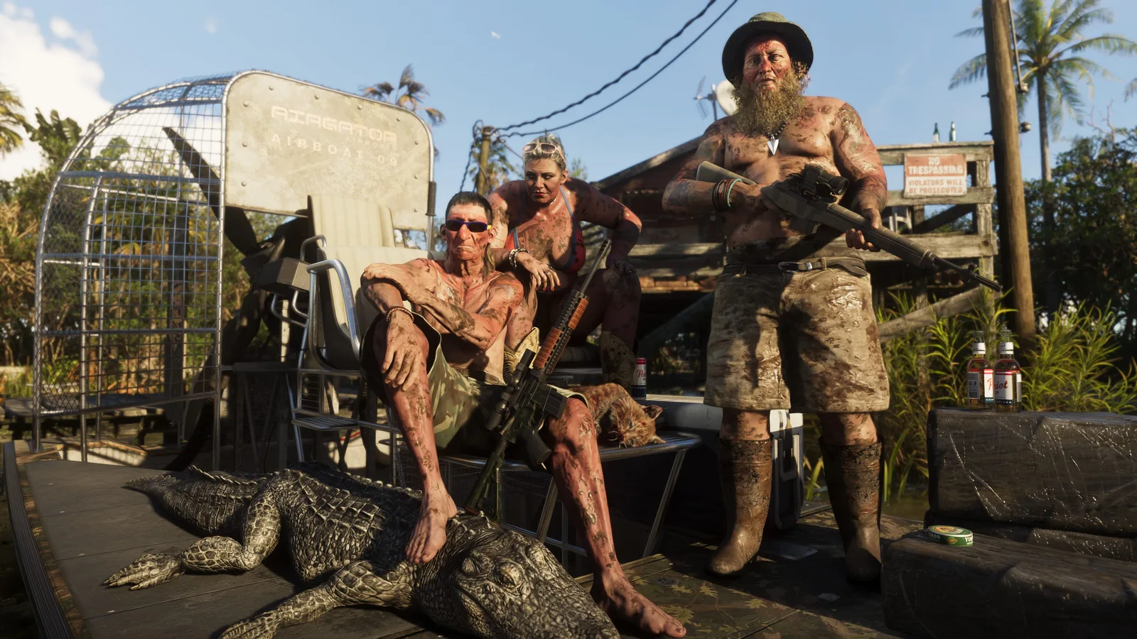 Hunters posing with an alligator on an airboat in the Grassrivers wetlands in Grand Theft Auto VI