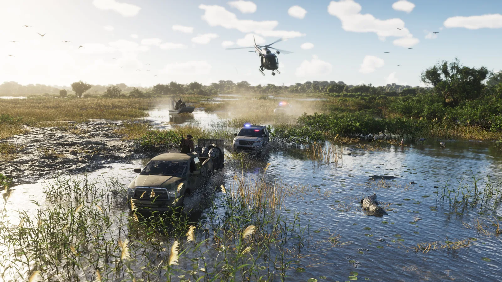 A truck, a police SUV and a helicopter responding to an alligator in the Grassrivers wetlands in Grand Theft Auto VI