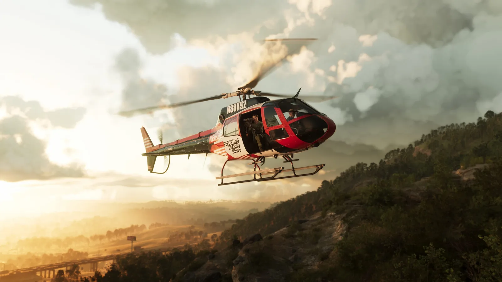 A television news helicopter flying low over the forested ridges of Mount Kalaga National Park at sunset in Grand Theft Auto VI