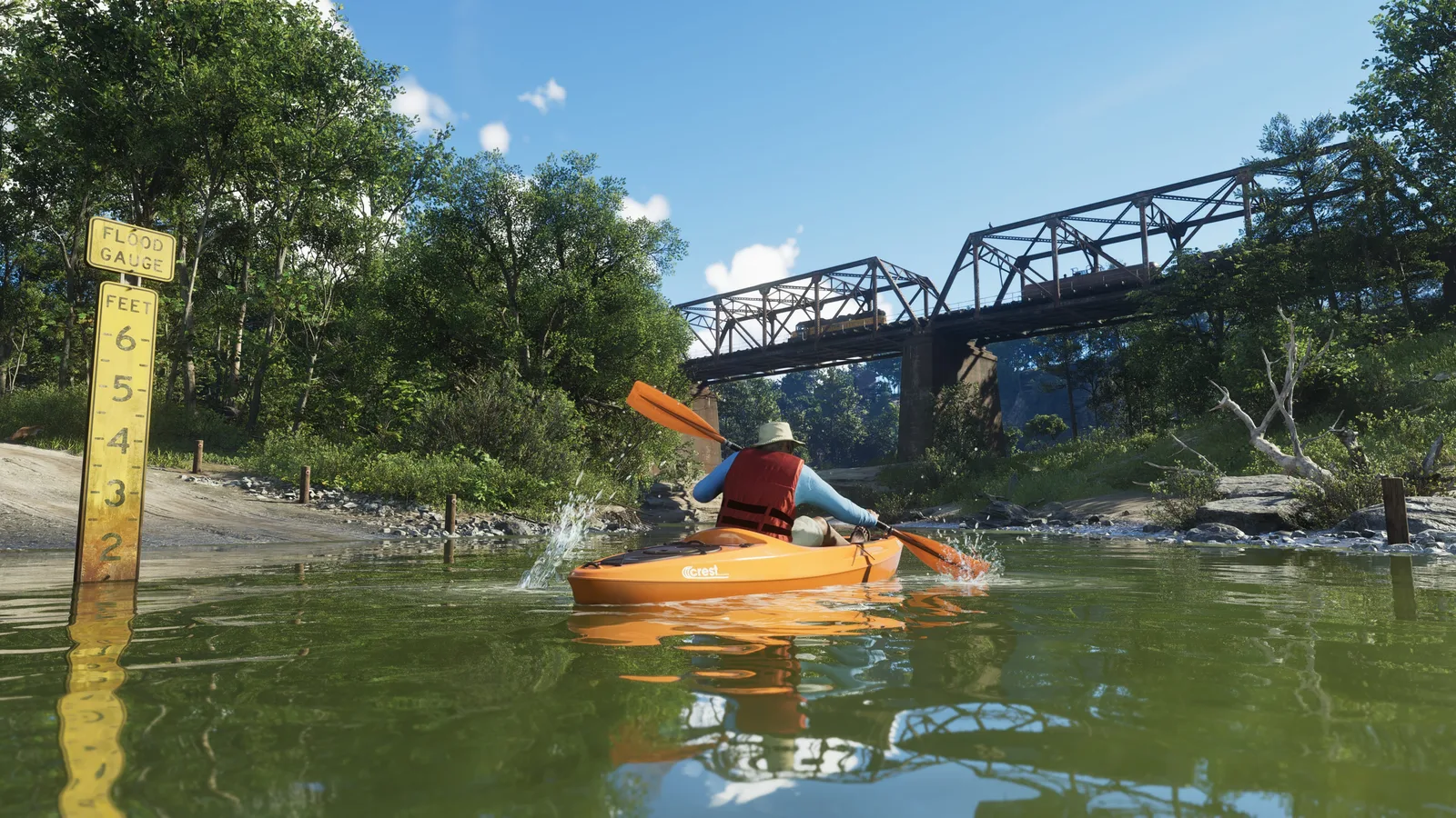Official screenshot of a kayaker paddling a river beneath an old rail bridge in Mount Kalaga National Park in Grand Theft Auto VI