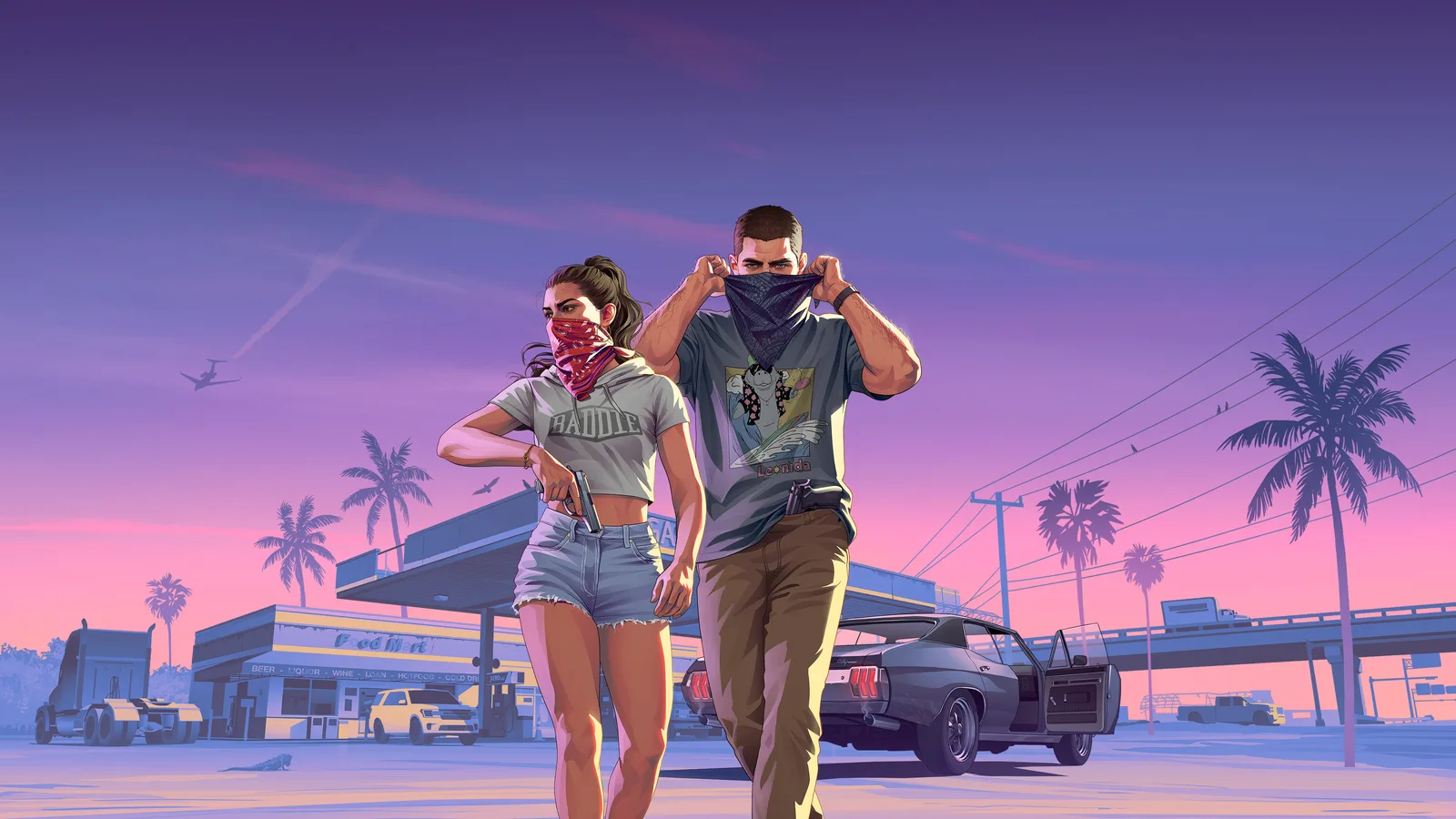 Official Grand Theft Auto VI key art showing Jason and Lucia