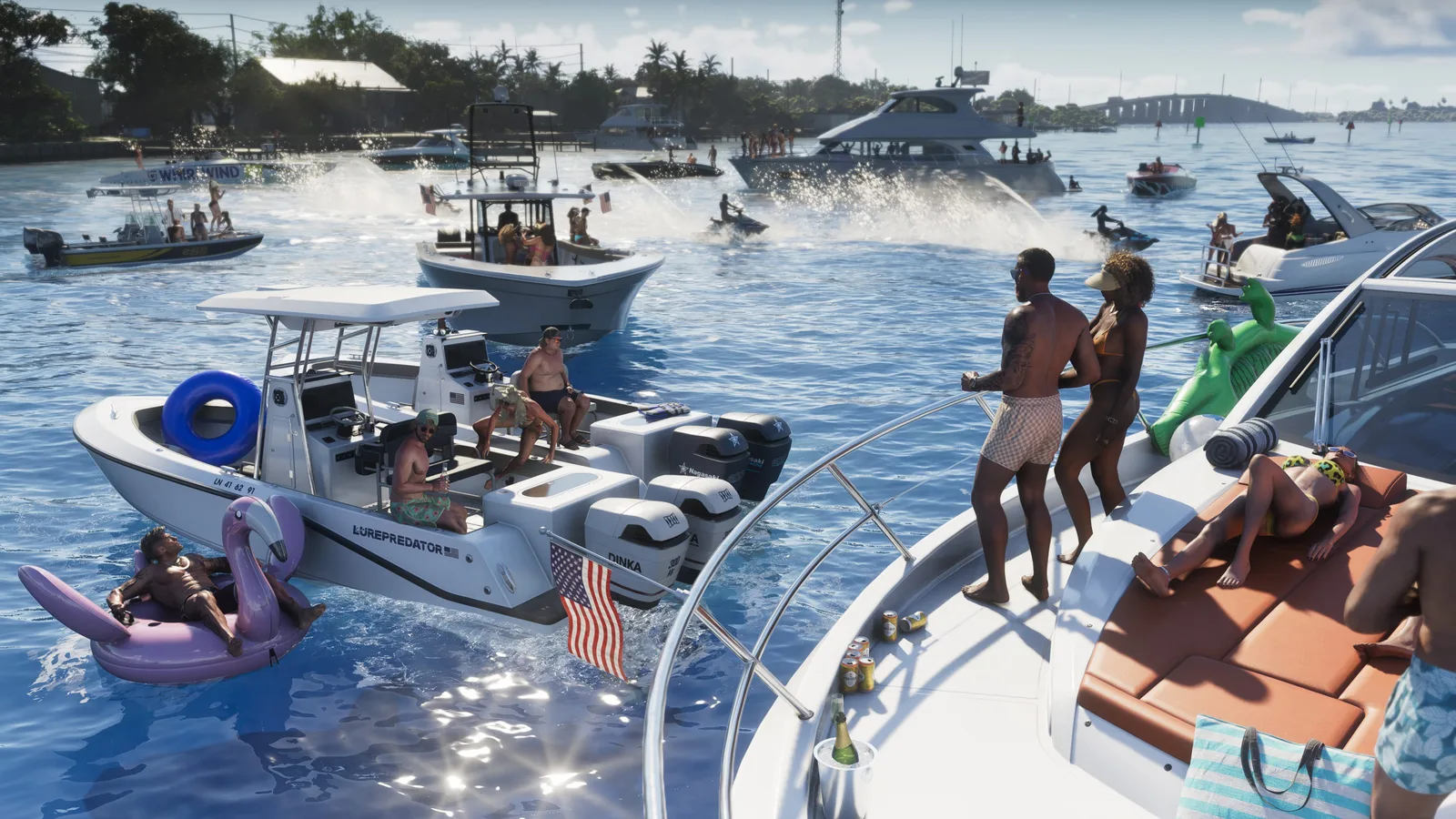 Boats and jet skis crowded together on the water off the Leonida Keys in Grand Theft Auto VI