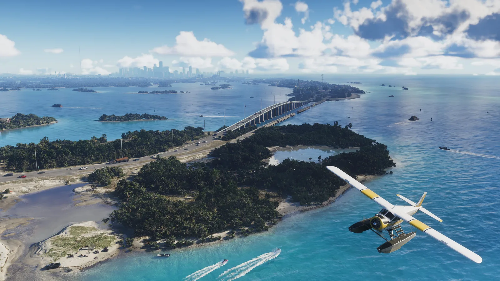 Aerial view of a causeway bridge and a seaplane over the Leonida Keys in Grand Theft Auto VI, with Vice City's skyline in the distance