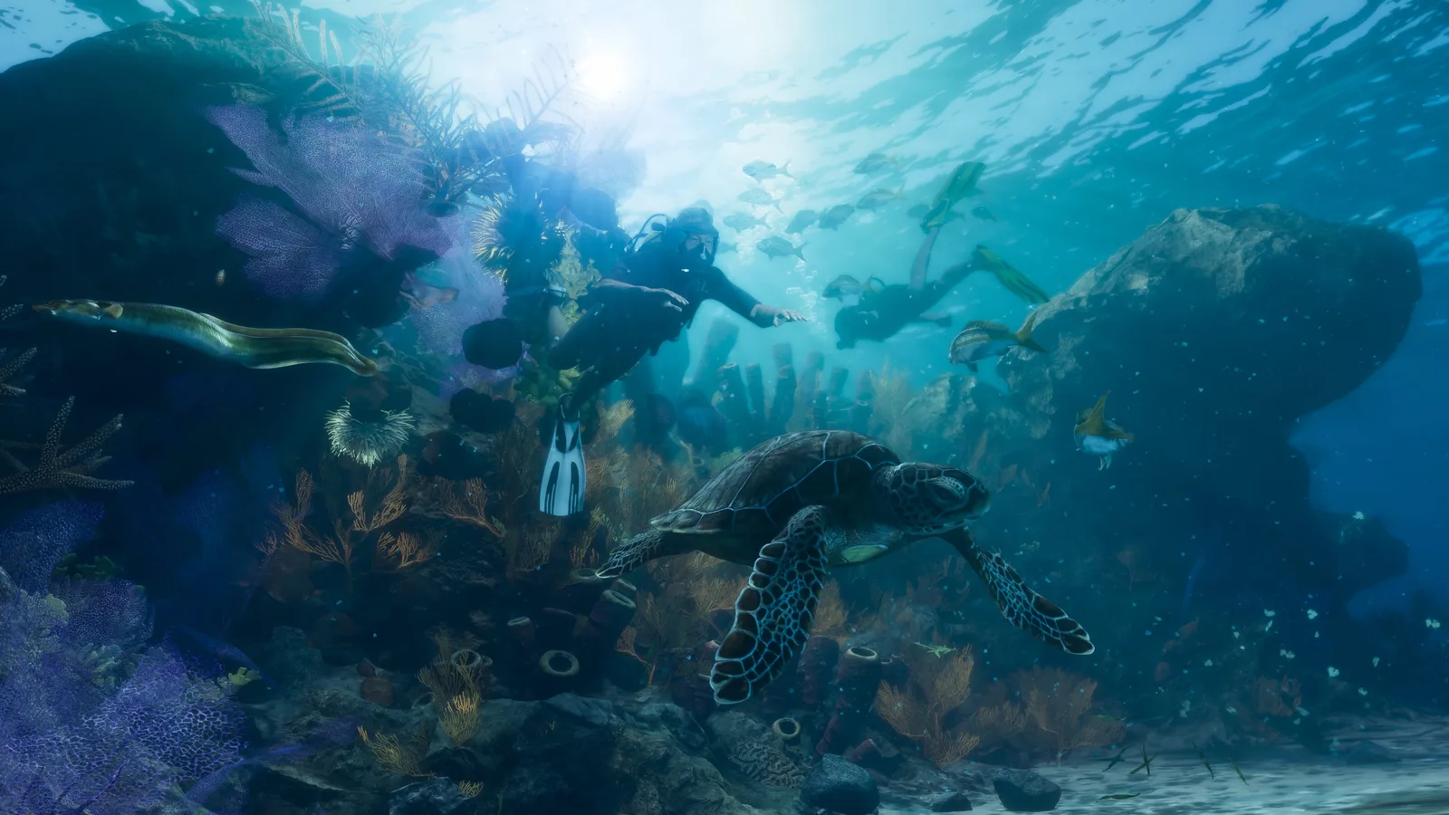 Divers swimming past a sea turtle and a coral reef in Grand Theft Auto VI