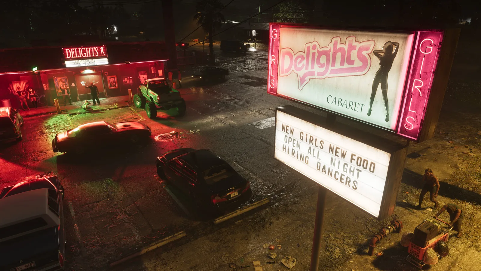 The Delights strip club sign in Port Gellhorn at night in Grand Theft Auto VI