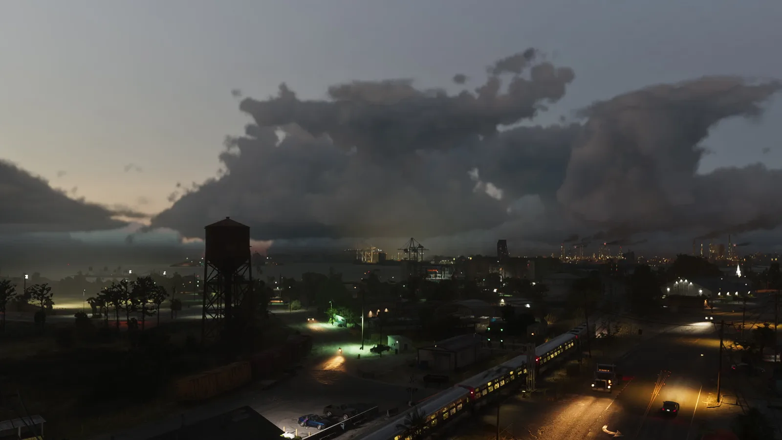 Official Rockstar screenshot of Port Gellhorn's seaport and water tower at dusk in Grand Theft Auto VI