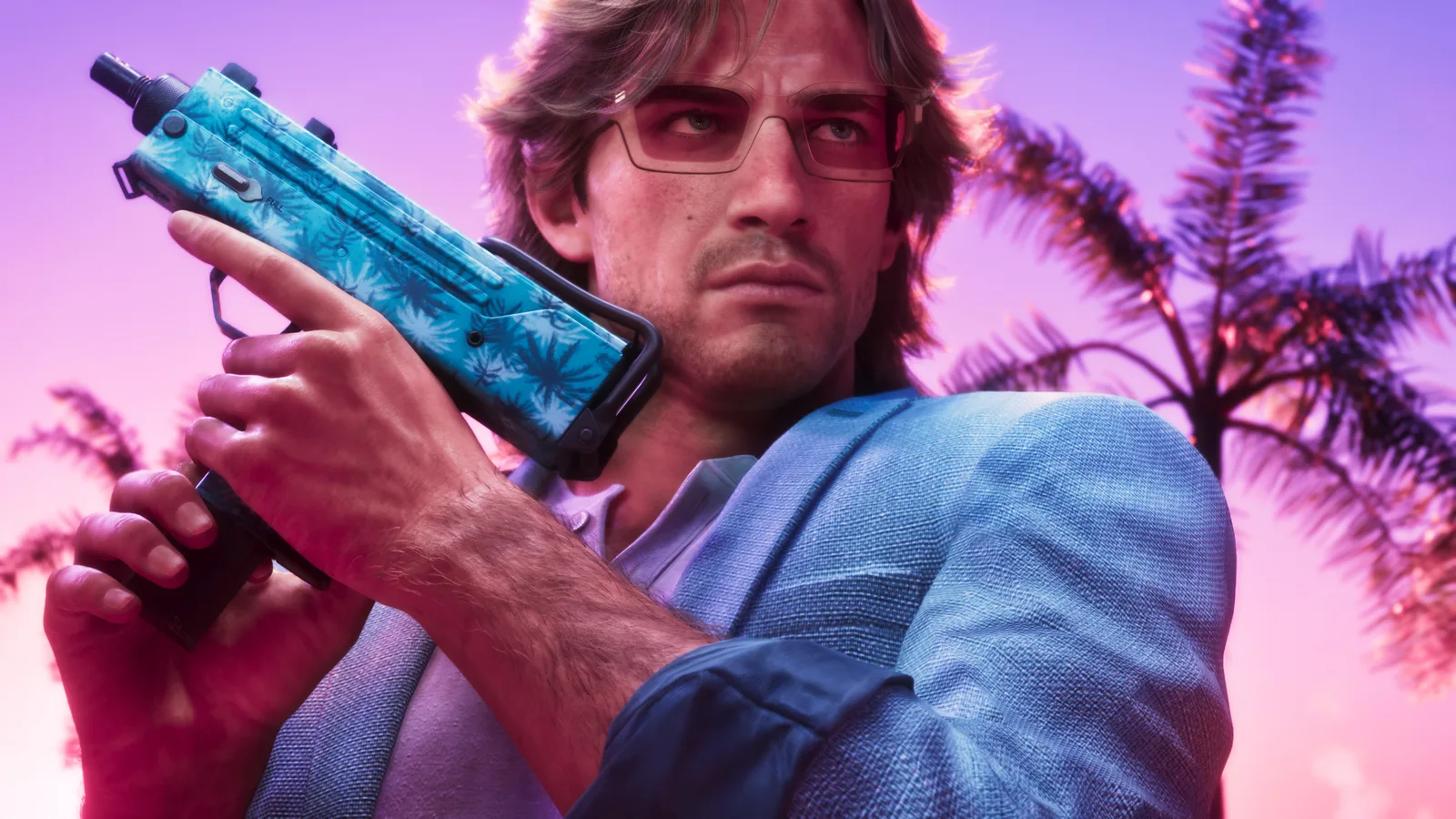 Close-up of a character in Vintage Vice City pack sunglasses and a pastel blazer, holding a weapon, in Grand Theft Auto VI