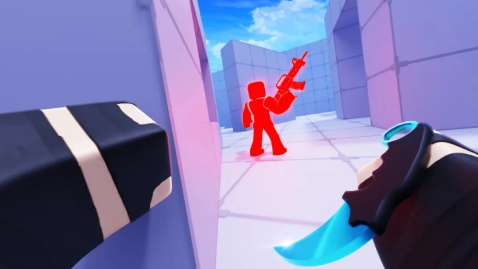 First-person view in Rivals of a player holding a glowing blue knife while a red-highlighted enemy aims a rifle down a corridor