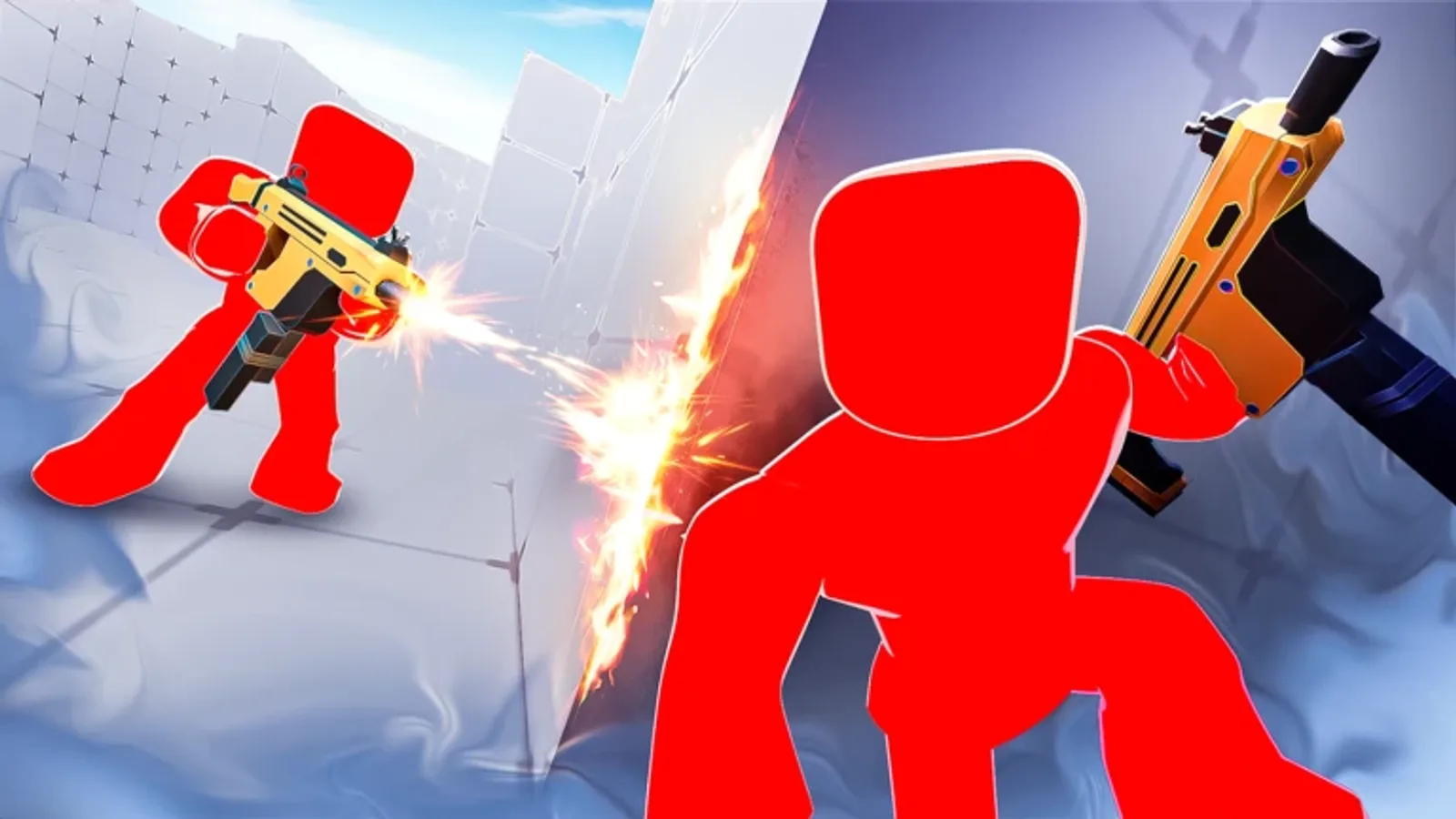 Official Rivals thumbnail art of two stylized red Roblox characters exchanging gunfire with a burst of fire between them