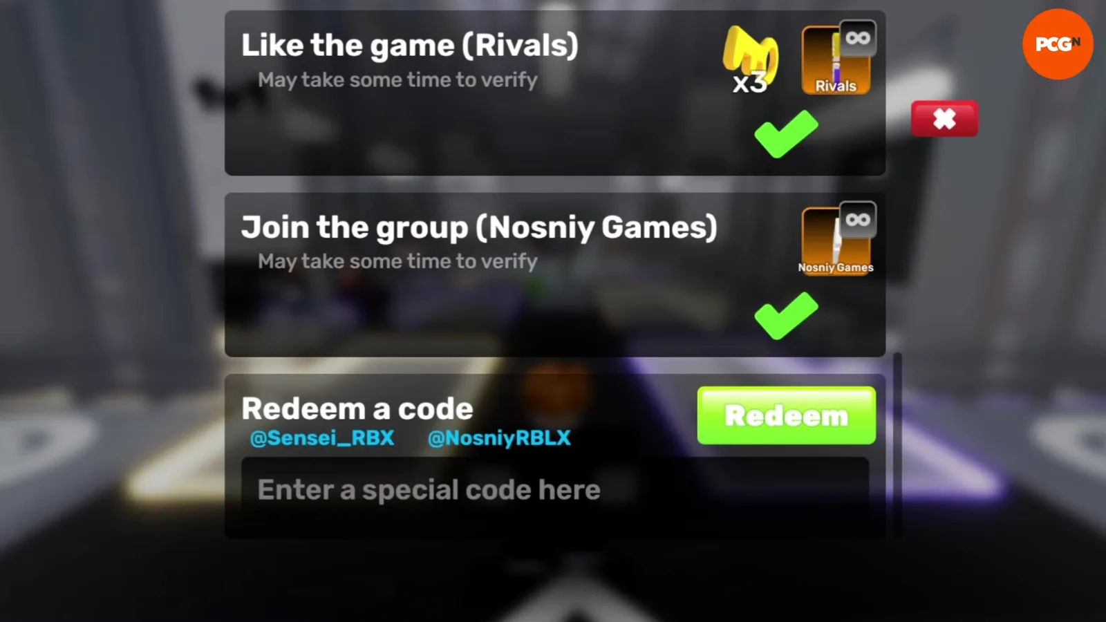 Rivals' Rewards menu showing three steps: liking the game, joining the Nosniy Games Roblox group, and a Redeem a Code box tagging Sensei_RBX and NosniyRBLX