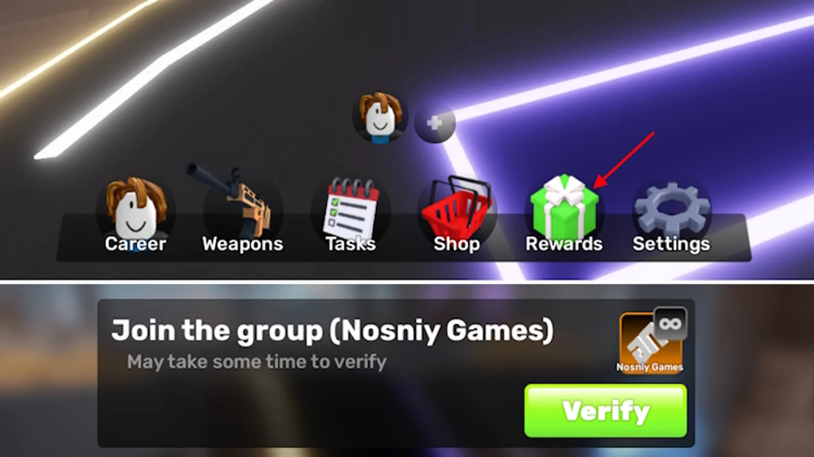 Rivals' menu bar with an arrow pointing to the Rewards tab, and below it a Join the Group verification panel for Nosniy Games with a Verify button