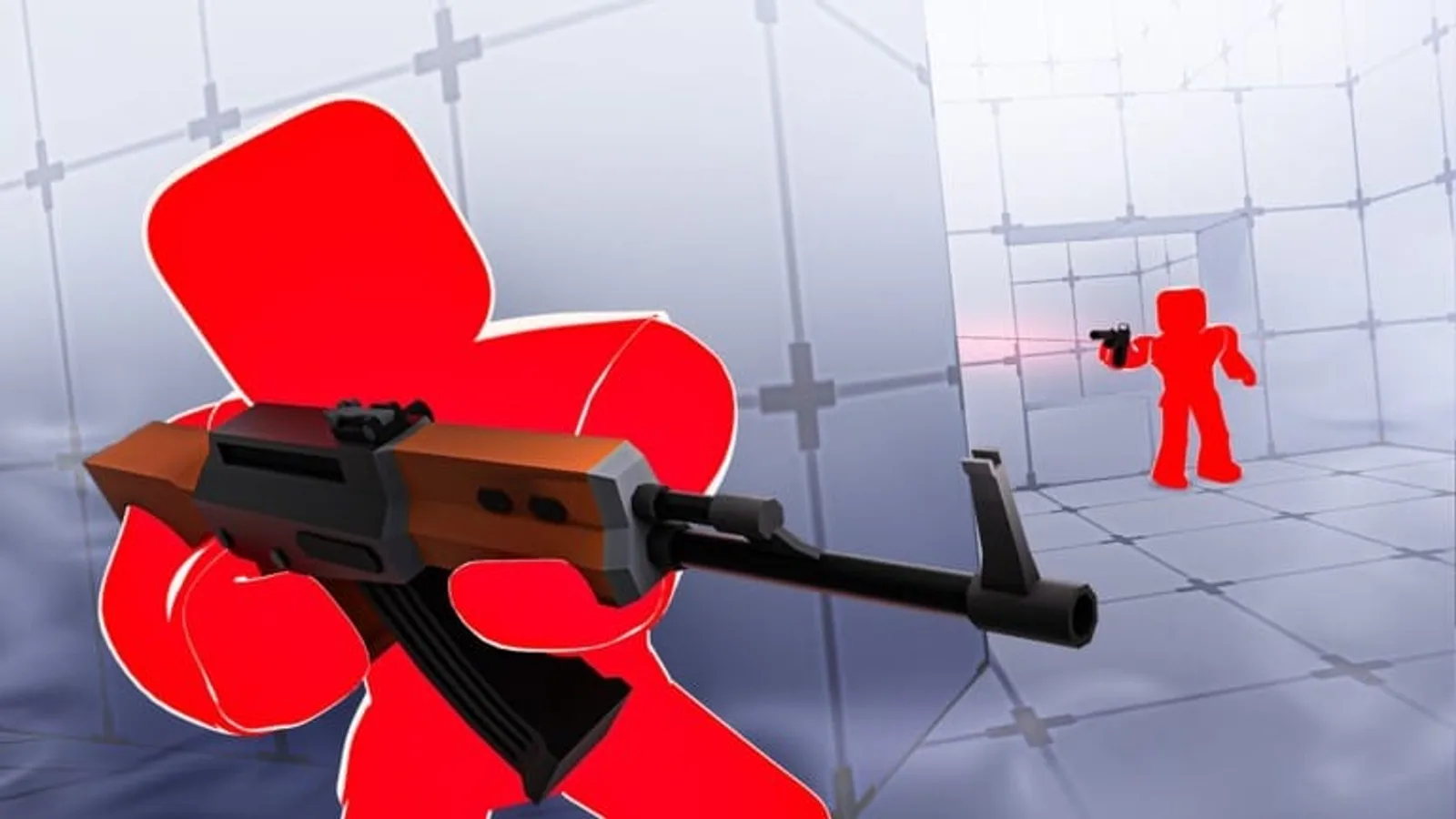 Official Roblox screenshot of a red Rivals character aiming a rifle down a corridor at a second armed player in the distance