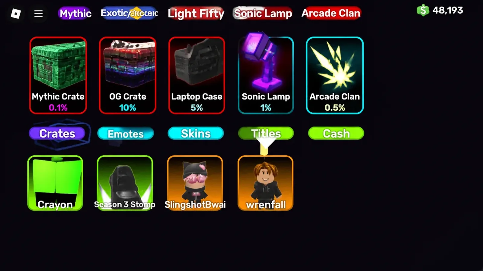 The Rivals collection menu where unlocked cosmetics and titles are browsed by tab
