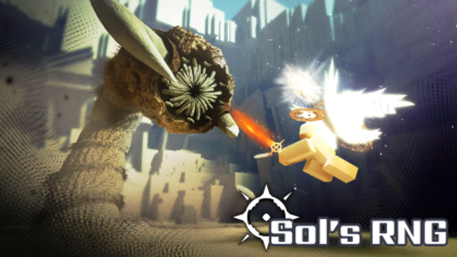 Official Sol's RNG key art of a player character facing a giant desert creature amid ruins