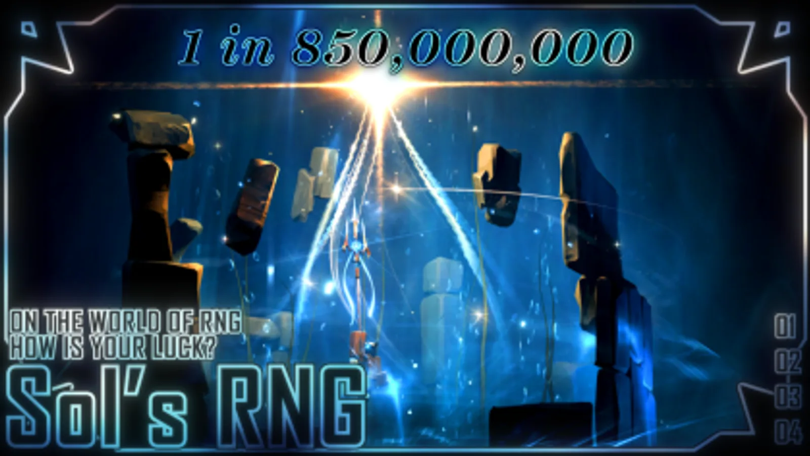 Official Sol's RNG key art of a character mid-roll in a glowing blue crystal environment, captioned 1 in 850,000,000