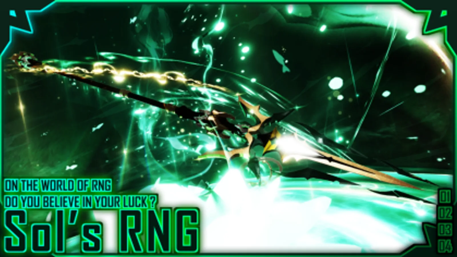 Official Sol's RNG key art of a glowing green scythe-like aura effect