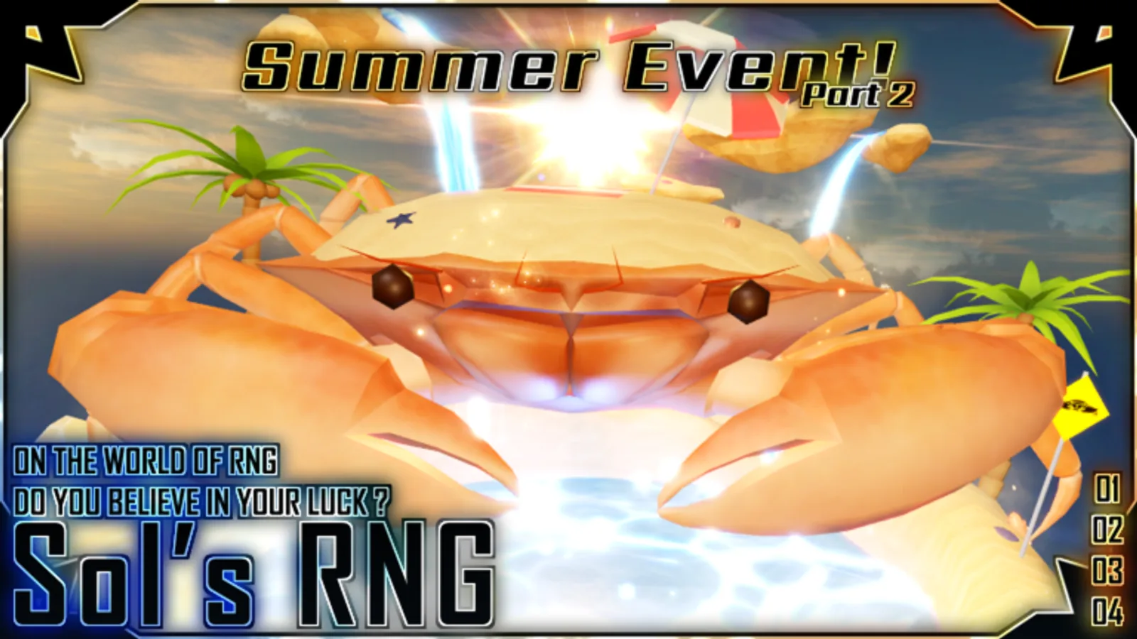 Official Sol's RNG Summer Event Part 2 key art of a giant crab on a beach