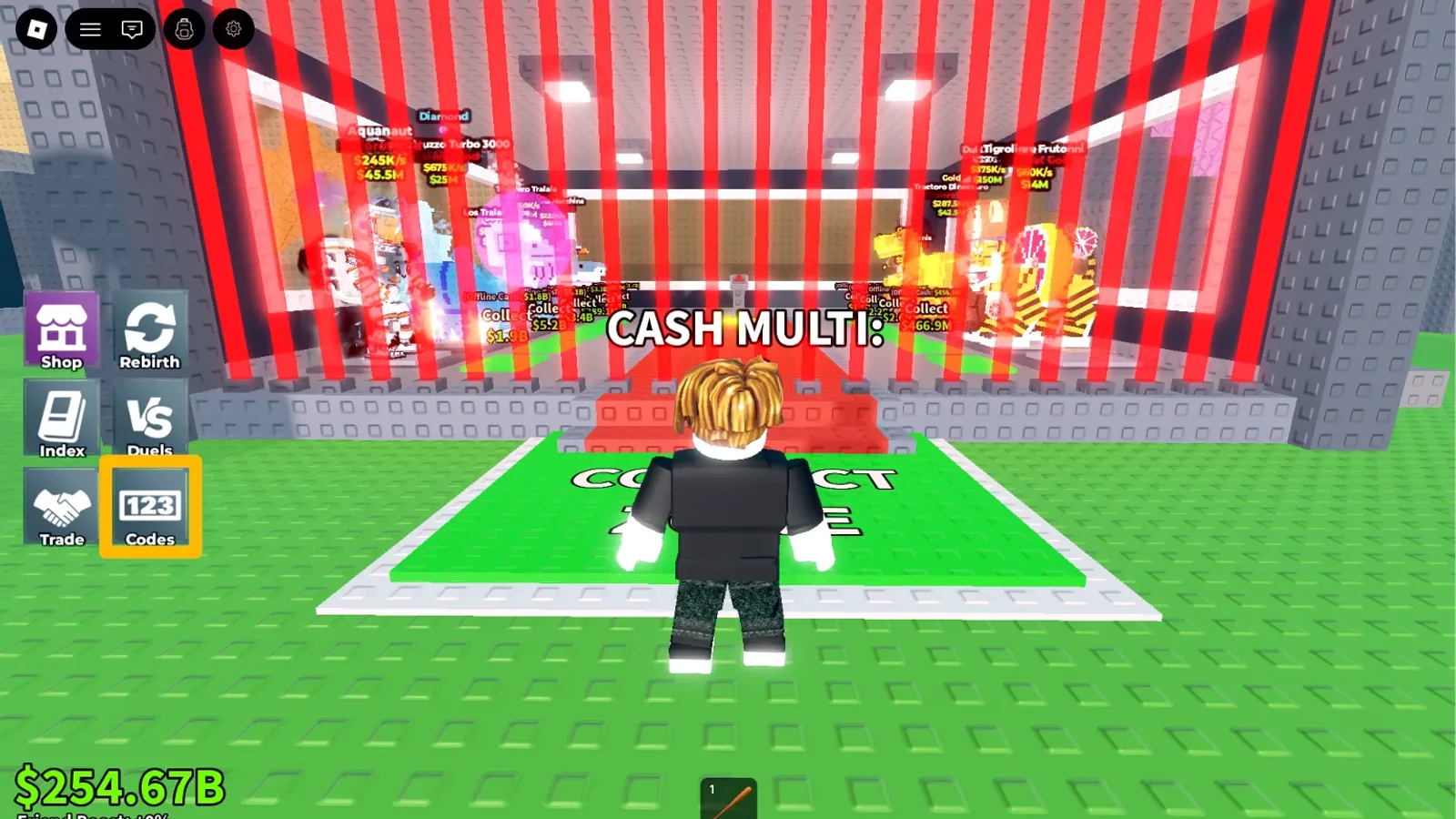 The Codes button highlighted in Steal a Brainrot's main HUD, next to the Shop and Rebirth buttons