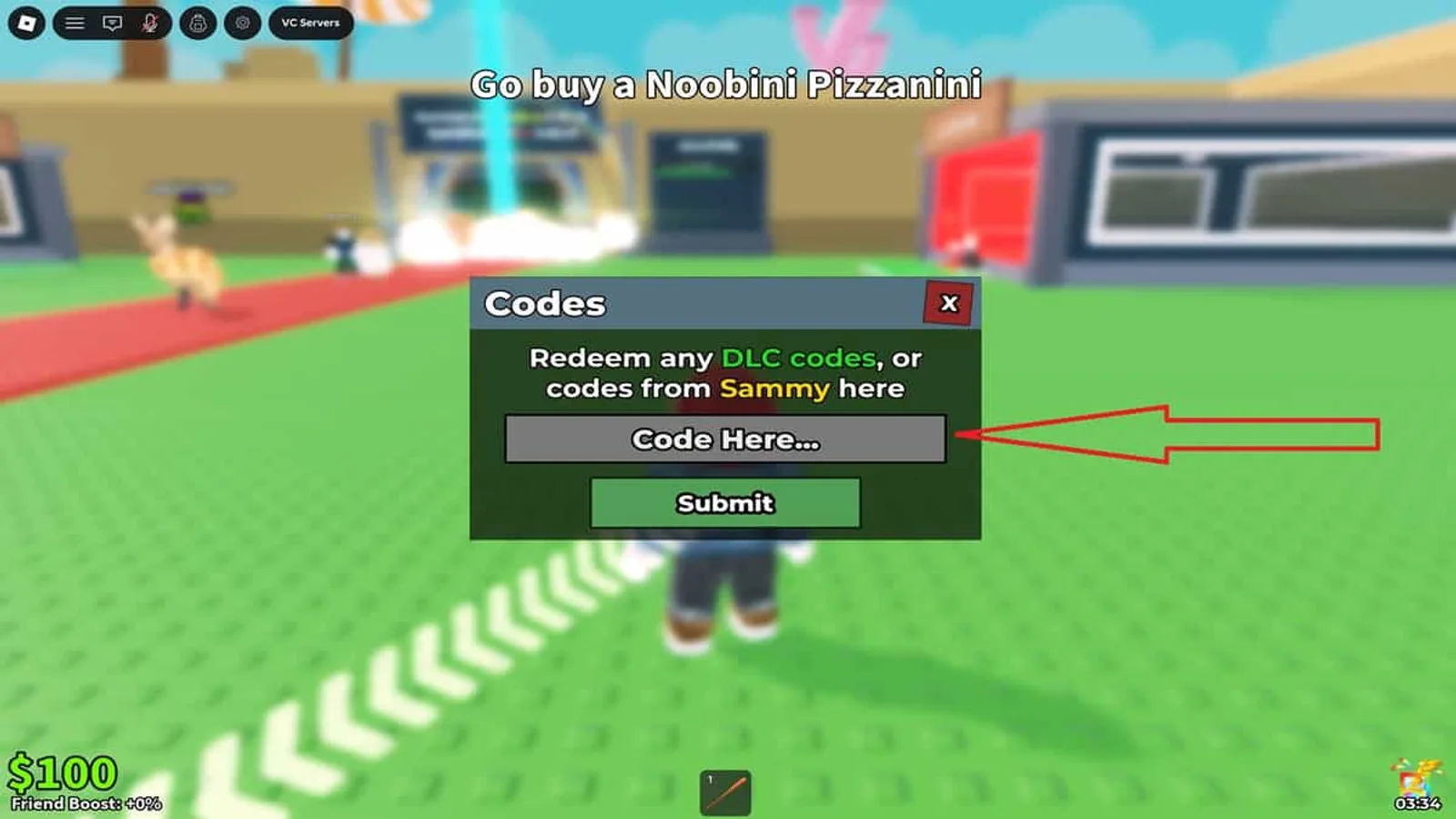 The Codes redemption menu in Steal a Brainrot, with a text field and Submit button