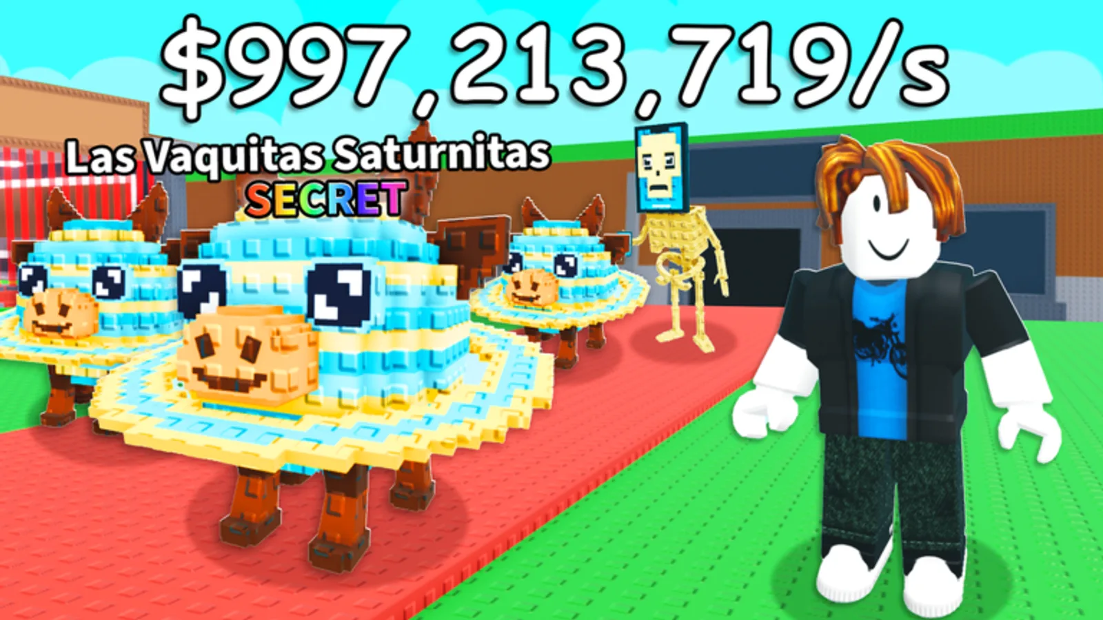 Las Vaquitas Saturnitas, Secret rarity cow-shaped brainrots, on the red-striped Red Carpet path