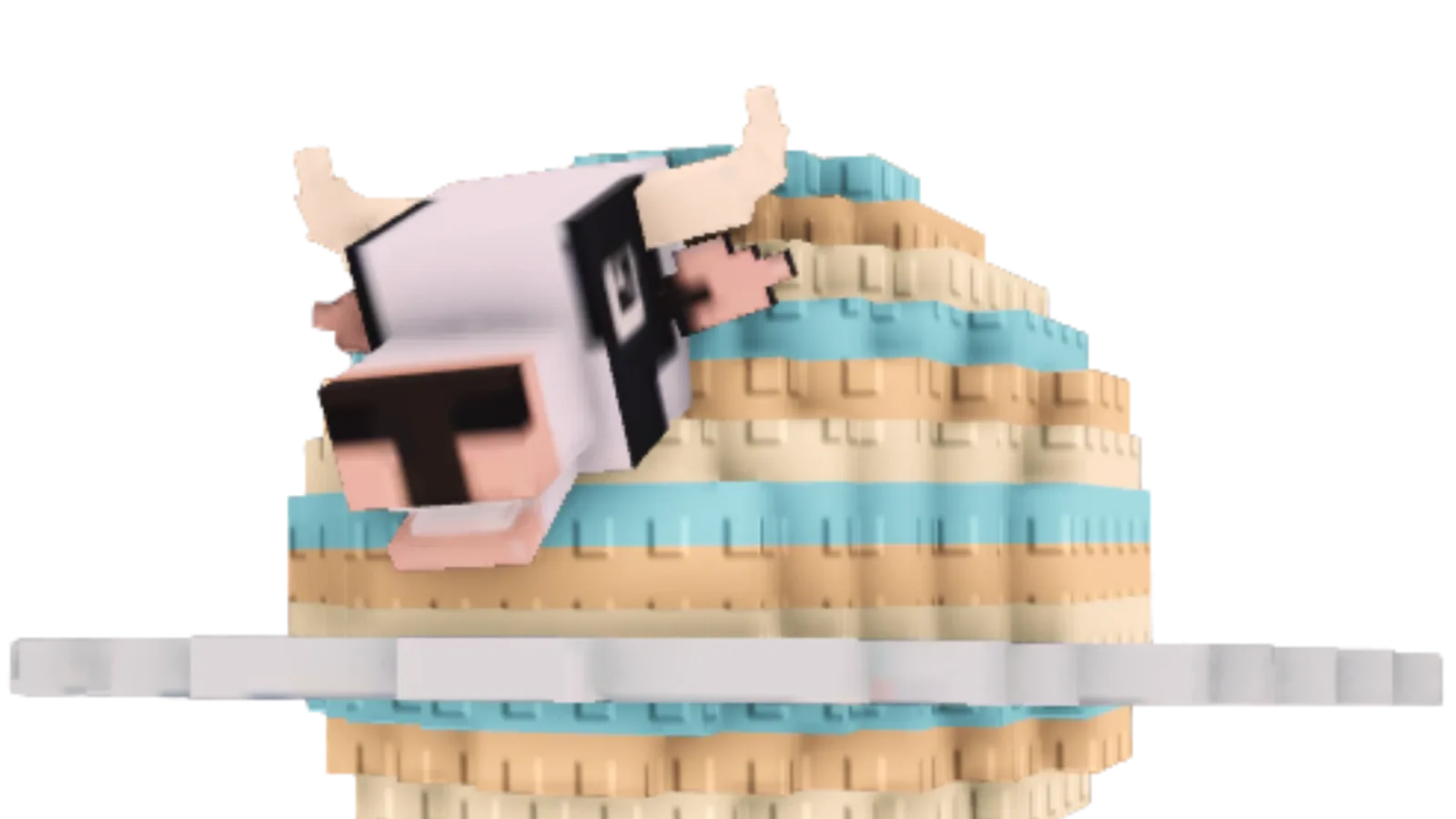A close-up 3D render of La Vacca Saturno Saturnita's cow head and striped, ringed barrel body